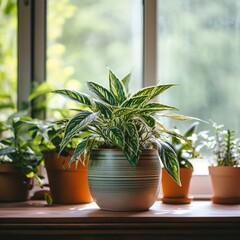 A beautiful still life of a houseplant in a ceramic pot, sitting in front of a window.