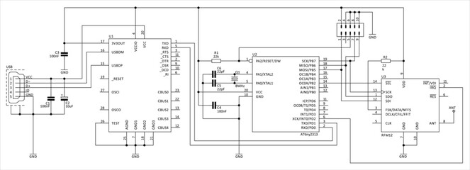 Technical schematic diagram of electronic device.
Vector drawing electrical circuit with 
micro controller, integrated circuit, capacitor, resistor,
usb connector, other electronic components.