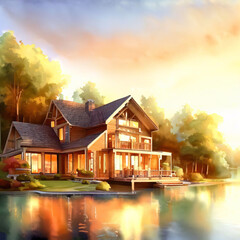 serene vacation lake house, watercolor painting