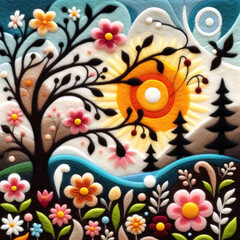 Felt art patchwork, Spring flowers in nature, Beautiful blooming flowers. Spring-summer garden, fairy tale nature