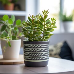 A beautiful succulent plant in a stylish pot sits on a table near a window.