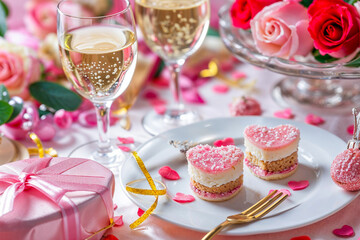 Heart shaped dessert cakes and champagne glasses, Valentine's Day table