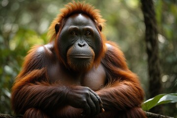 Orangutan mirando fijamente a la cámara en medio de la selva  - obrazy, fototapety, plakaty