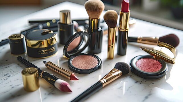 High-end makeup tools and products, elegantly displayed on tabletop, highlighting luxurious brushes,