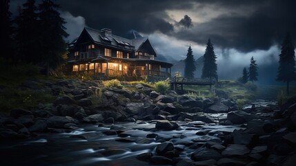 A wooden house near a river in the mountains at night - obrazy, fototapety, plakaty