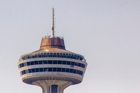 Niagara, Ontario, Canada. Jan 5, 2024. A close up to the Skylon observation tower featuring sweeping vistas of Niagara Falls plus an arcade and revolving restaurant.