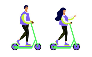 Man and women riding electric scooter.Active young adults.Modern technologies.Ecological transport. Urban transportation.Renting ant sharing public electric scooter.Flat vector illustration.