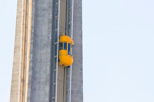 Niagara, Ontario, Canada. Jun 4, 2023 A close up to the Skylon observation tower outdoor elevator featuring sweeping vistas of Niagara Falls.