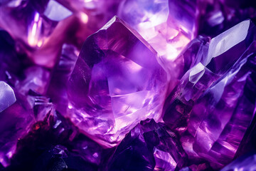 Closeup of amethyst quartz purple crystal, brilliant gem geode - obrazy, fototapety, plakaty