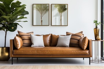 A mid-century modern living room with a brown leather couch and two framed prints of trees