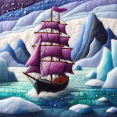 Felt art patchwork, A beautiful small ship between the icebergs