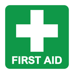 First aid sign, health cross medical symbol, medicine emergency illustration icon, safety design. Green square and white cross symbol with FIRST AID text below, vector illustration islated on white.