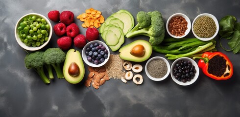 A variety of healthy food ingredients are arranged on a dark background.