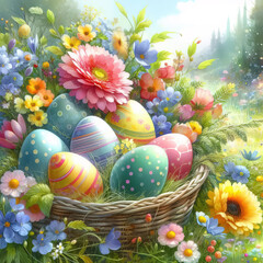 Obraz na płótnie Canvas Watercolor of Easter eggs and colorful spring flowers in nature