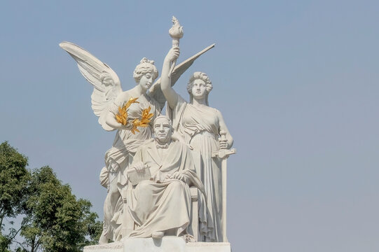Mexico City, Mexico. Jan 6, 2024. Main statue of The Benito Ju&aacute;rez Hemicycle a Neoclassical monument located at the Alameda Central Park.