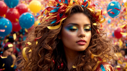 Obraz premium A festa do carnaval com foliões e confete, serpentina, máscaras de uma festa folclórica e popular 