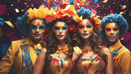 Obraz premium A festa do carnaval com foliões e confete, serpentina, máscaras de uma festa folclórica e popular 