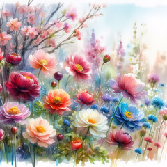 Watercolor of colorful spring flowers in nature