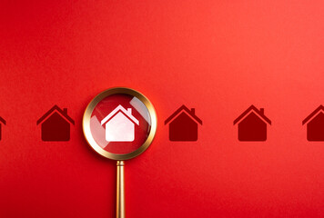 House and magnifying glass. Find a suitable home. Take a mortgage. Investments in immovable assets....