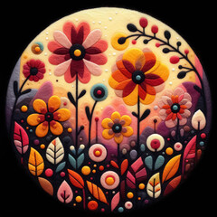 Felt art patchwork, Spring flowers in nature, Beautiful blooming flowers. Spring-summer garden, fairy tale nature