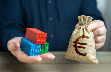 Shipping containers and euro money bag. Economic growth, increased production and development of...