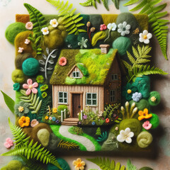 Obraz na płótnie Canvas Felt art patchwork, Eco house. Green and environmentally friendly housing concept. Miniature wooden house in spring grass, moss and ferns