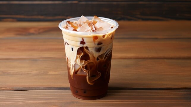 Iced coffee in plastic cup on wooden background.  copy space