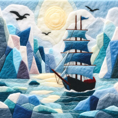 Felt art patchwork, A beautiful small ship with a blue sails between the icebergs