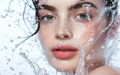 Pretty young woman with clean skin and splash of water