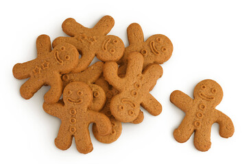 Gingerbread man isolated on white background. Top view. Flat lay.