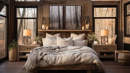 Modern rustic cozy bedroom interior with a king size bed and woodsy artwork