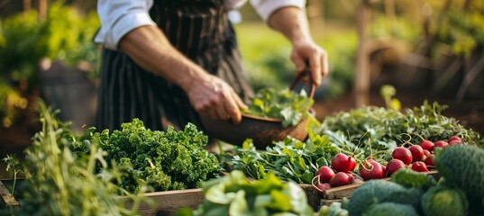 farmer harvesting fresh vegetables and greenery from the garden, sunny day, outdoors