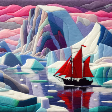 Felt art patchwork, A beautiful small ship with a red sails between the icebergs