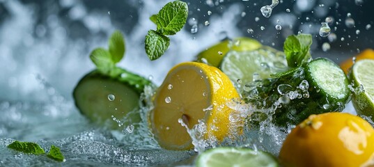 Juicy limes, lemons and cucumber with mint flying in the air, levitation in water, Detox cocktail, Vitamins for Health