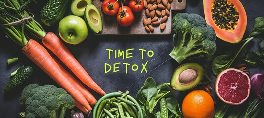layout of vegetables and fruits with text in the center of the image "time to detox", top view, healthy eating concept, detox diet