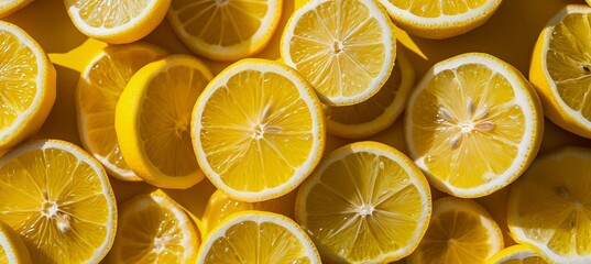 Slices of fresh lemons, Lemon fruit cut texture, Citrus section pattern, Vibrant color summer design, Flat lay, top view 