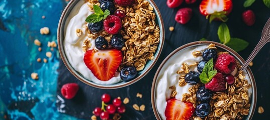Two healthy bowls with ingredients granola fruits, greek yogurt and berries, top view, Weight loss, healthy lifestyle and eating concept, space for text
