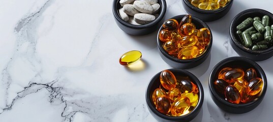 vitamin capsules in containers on marble background, vitamin d, omega 3, vitamin e, vitamins close up, copy space for text, health concept, side view