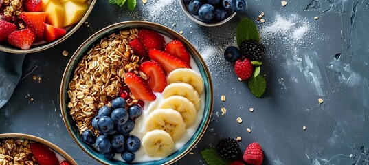  healthy breakfast bowl with ingredients granola fruits, greek yogurt and berries, top view, Weight loss, healthy lifestyle and eating concept, negative space