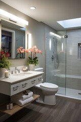 Small bathroom design with large shower and vessel sink