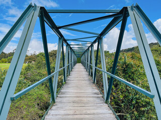 bridge with metal structure and wooden floor in nature