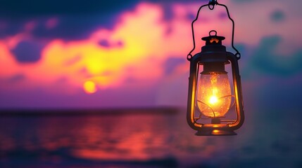 Retro lamp on the sea sunset background. Generative AI