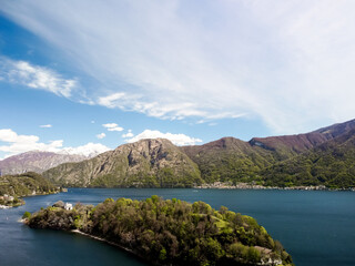 Aerial panoramic view over beautiful lake Como between Italy and Switzerland.