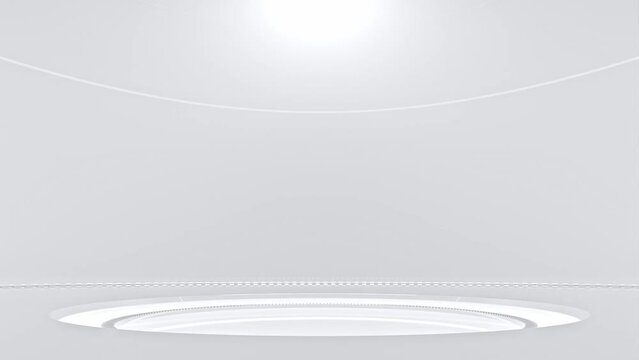 Technology Background. Power podium empty stage or laboratory in white room. Sci-fi idea concept. Technological elements innovation background. Animation seamless loop, 3D Render.