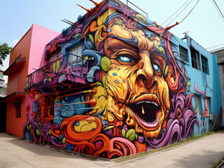 Vibrant and diverse street art adorning urban buildings, captured in the image v52styl00092.