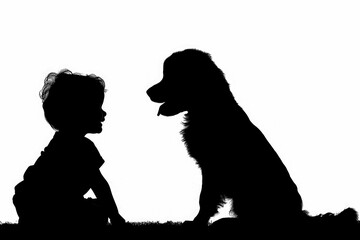 Black Silhouette of a kid and his best friend dog.