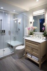 Fototapeta na wymiar Modern bathroom interior with glass shower enclosure and freestanding bathtub