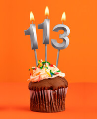 Birthday cupcake with number 113 candle - Orange color background