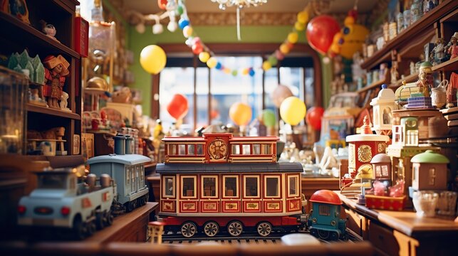 A classic red toy train prominently displayed amidst an assortment of vintage toys in a charming antique shop.

