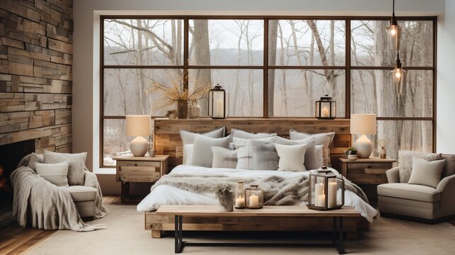 A cozy bedroom with a fireplace and a view of the woods